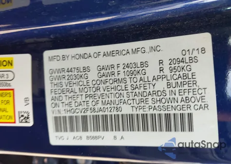 2018 Honda Accord Ex-L 2.0T from USA, damaged, VIN 1HGCV2F58JA012780